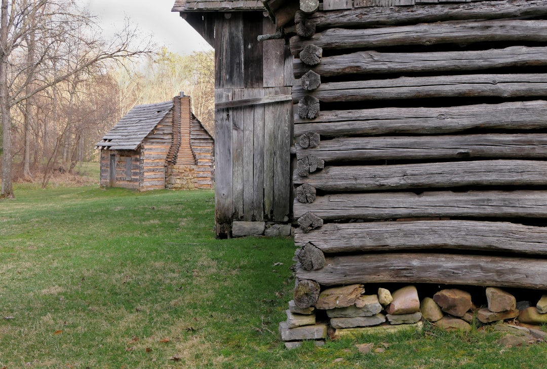 a log cabin and a log cabin in a field